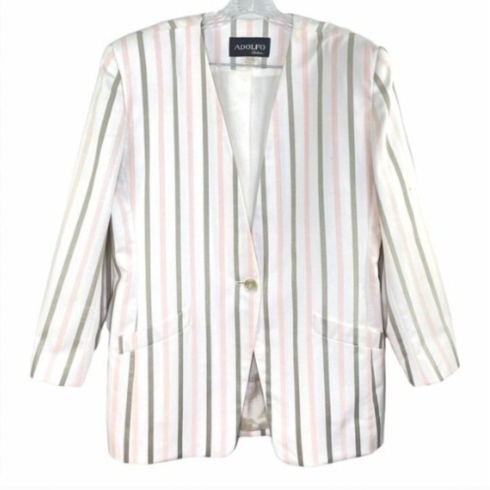 Adolfo Atelier Long Lined Striped Oversized Blazer Jacket Skirt Set Sz 18